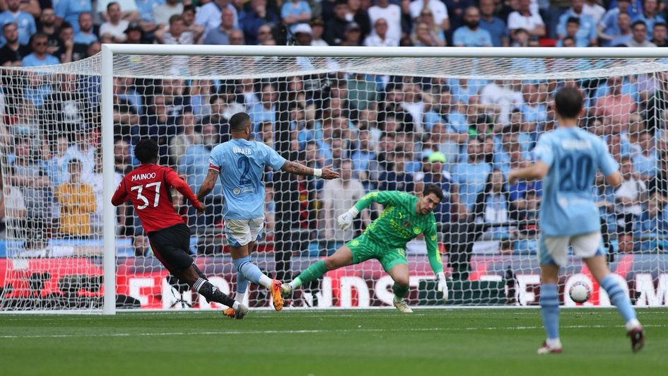Kobbie Mainoo scores in the FA Cup final
