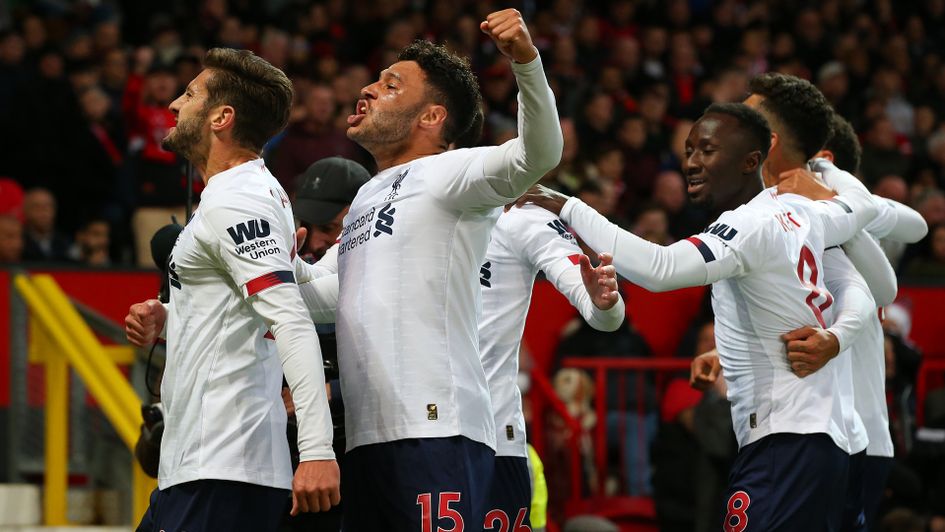 Liverpool celebrate Adam Lallana's goal at Old Trafford