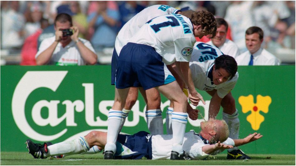 Paul Gascoigne celebrates for England after his goal against Scotland at Euro 96