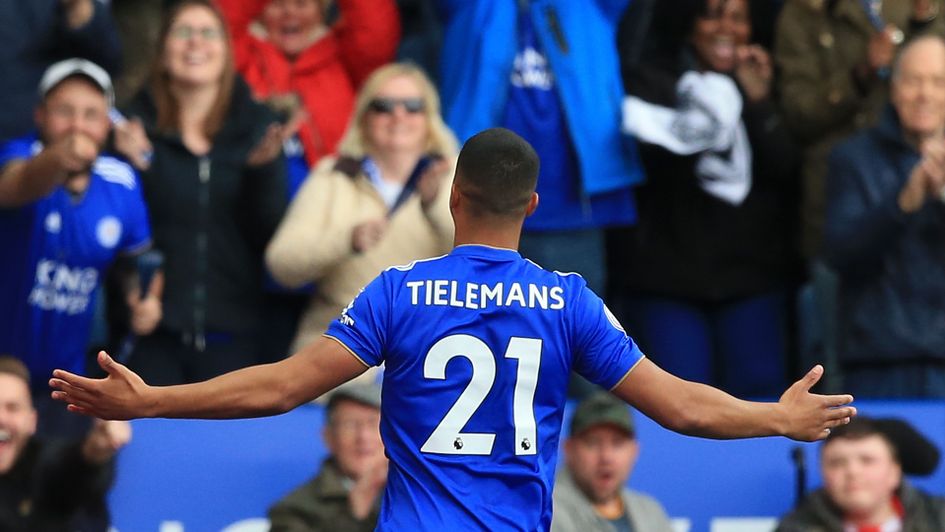 Youri Tielemans celebrates his goal against Arsenal