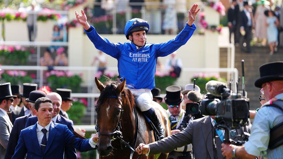 William Buick celebrates claiming a first Gold Cup win aboard the John and Thady Gosden-trained Trawlerman