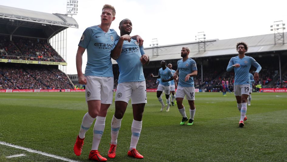 Raheem Sterling celebrates his second goal against Crystal Palace