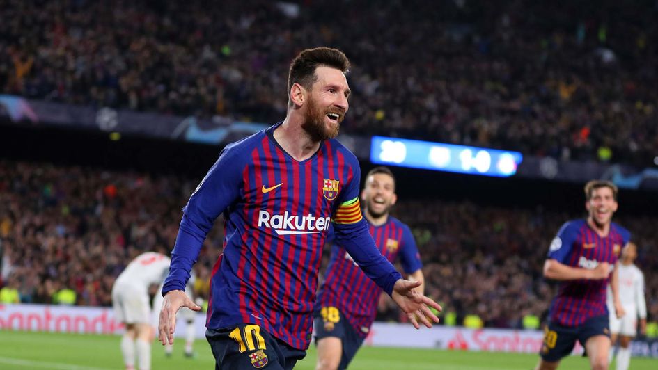 Lionel Messi celebrates scoring for Barcelona