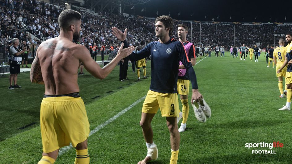 Olivier Giroud (left) and Marcos Alonso celebrate