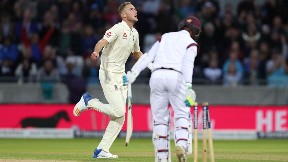 Stuart Broad celebrates for England