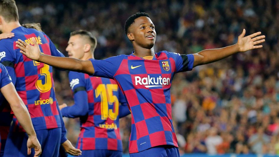 Barcelona's talented teenager Ansu Fati celebrates scoring at Camp Nou