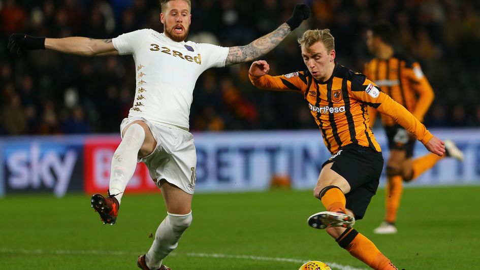 Jarrod Bowen looks to beat Leeds' Pontus Jansson