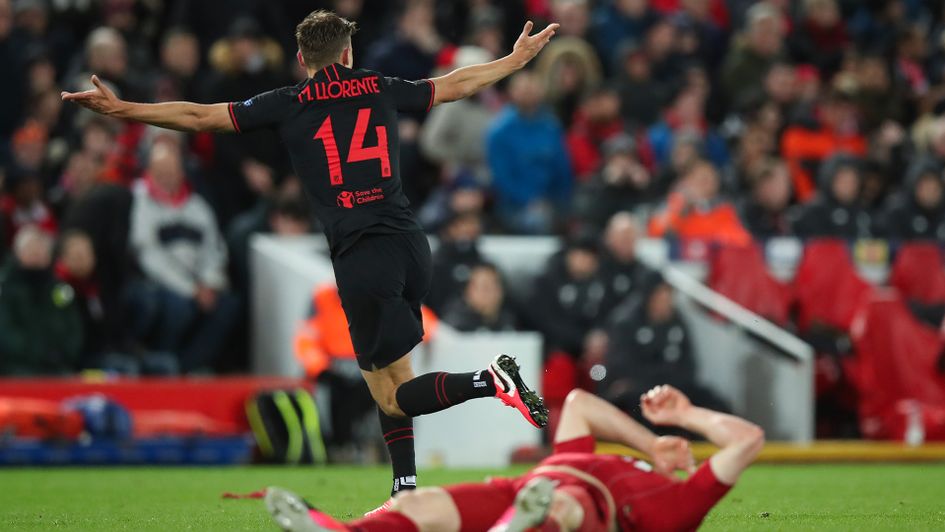 Marcos Llorente celebrates his second goal against Liverpool