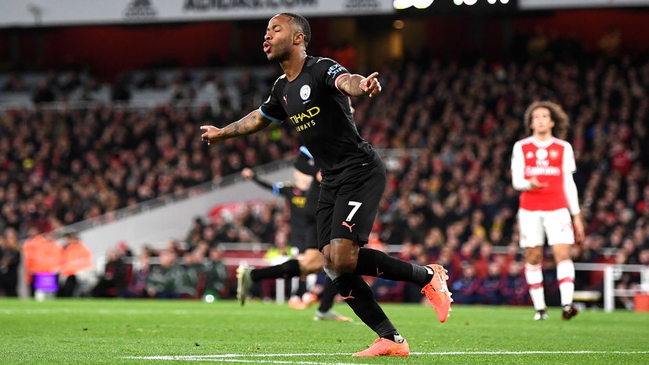 Raheem Sterling celebrates his goal against Arsenal
