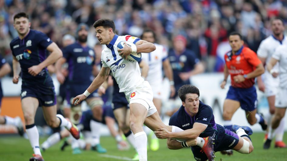 France's Romain Ntamack scores his side's first try