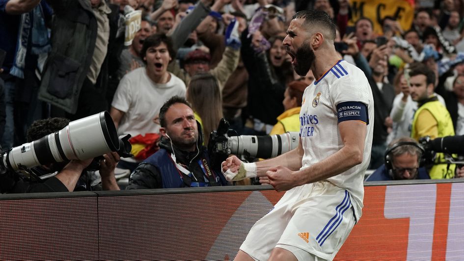 Karim Benzema celebrates his goal against Manchester City