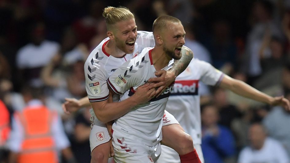 Lewis Wing celebrates his goal against Luton