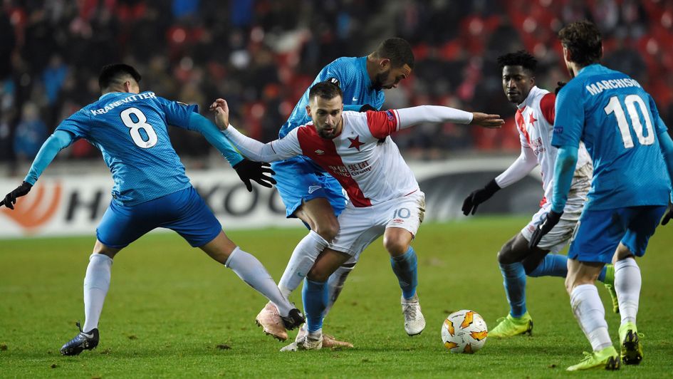 Josef Husbauer: The Slavia Prague midfielder looks to get out of a tricky situation against Zenit