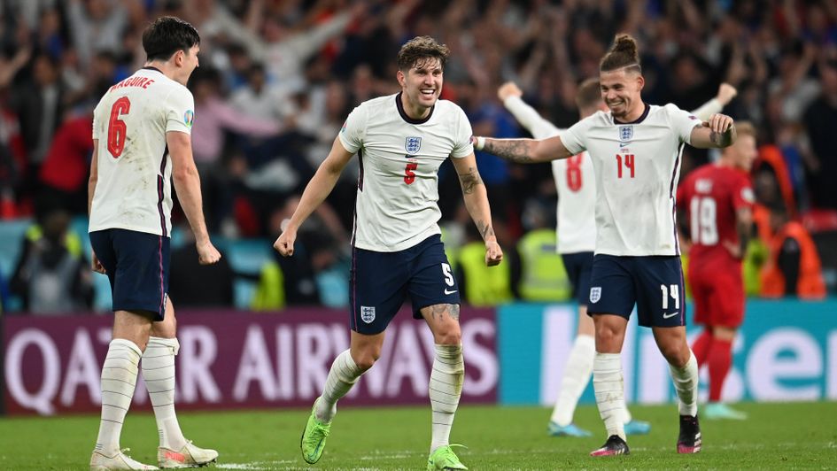 Harry Maguire, John Stones and Kalvin Phillips celebrate reaching the final of Euro 2020