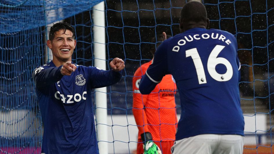 James Rodriguez celebrates a goal with Abdoulaye Doucoure