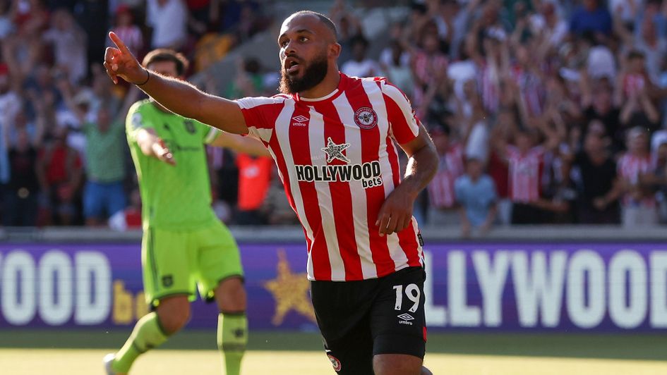 Bryan Mbeumo celebrates his goal against Manchester United