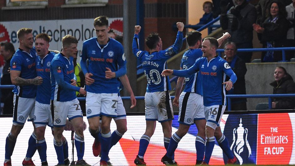 Ian Henderson and Rochdale celebrate at Spotland