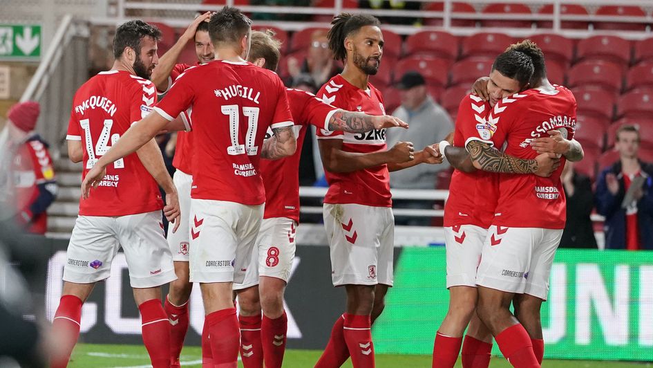 Middlesbrough players celebrate Britt Assombalonga's goal in the Sky Bet Championship