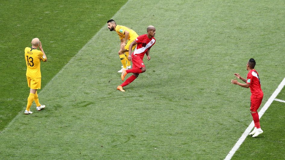 Andre Carrillo of Peru celebrates after scoring in their World Cup match with Australia