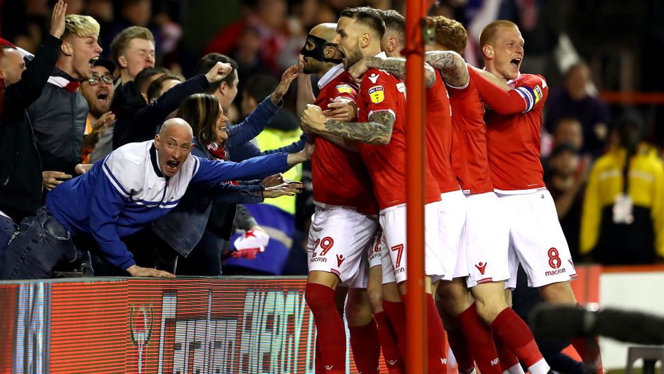 Nottingham Forest celebrate Yohan Benalouane's goal against Derby