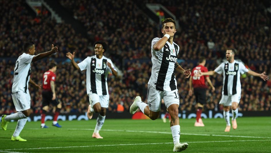Juventus forward Paulo Dybala celebrates his goal at Manchester United in the Champions League