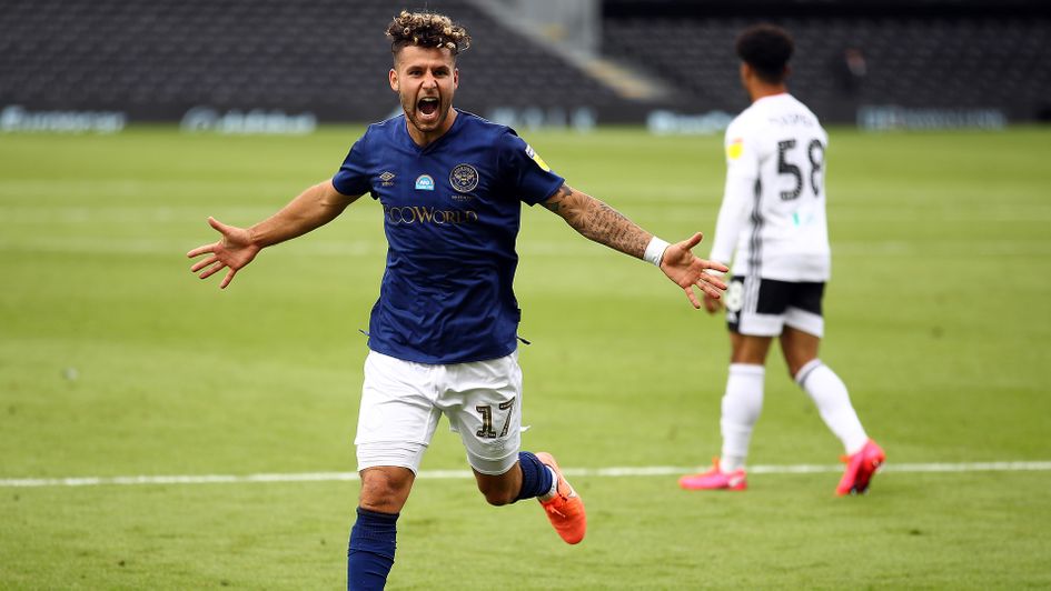 Emiliano Marcondes: Brentford attacker celebrates his goal at Fulham