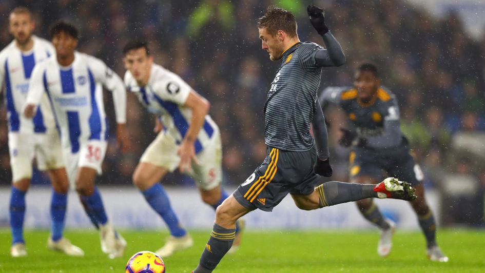 Leicester's Jamie Vardy scores a penalty at Brighton