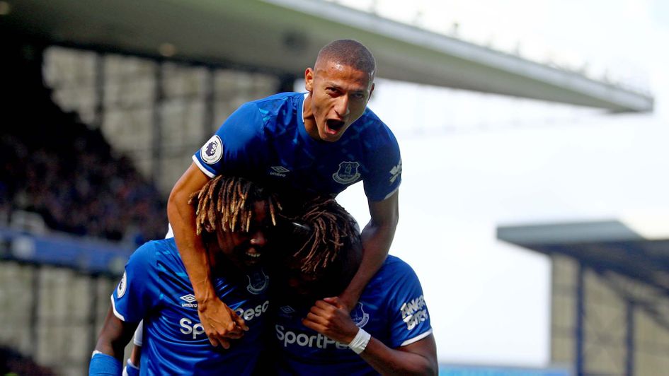 Brazilian forward Richarlison celebrates scoring for Everton at Goodison Park