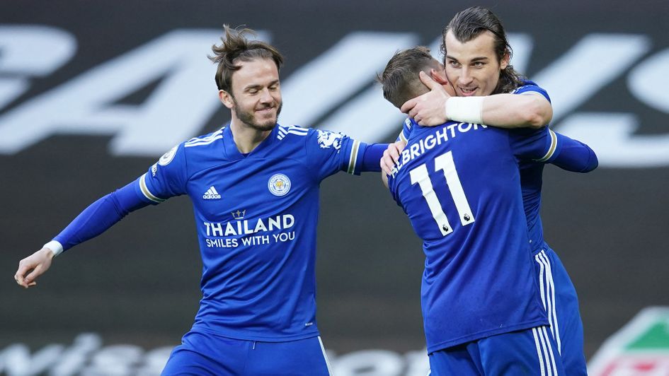 Caglar Soyuncu celebrates his goal against Manchester United