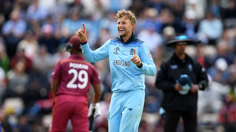 Joe Root celebrates taking a wicket for England in the World Cup
