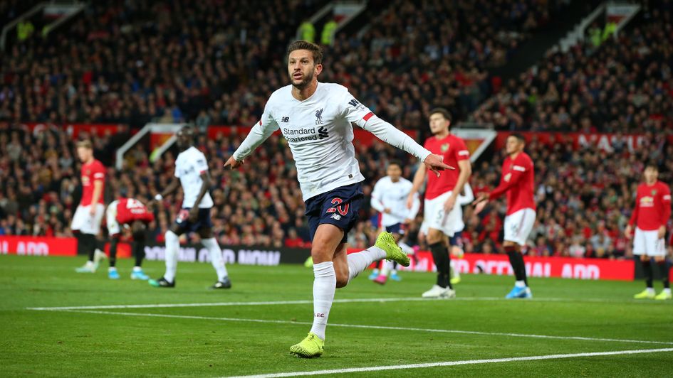 Adam Lallana celebrates his goal at Old Trafford