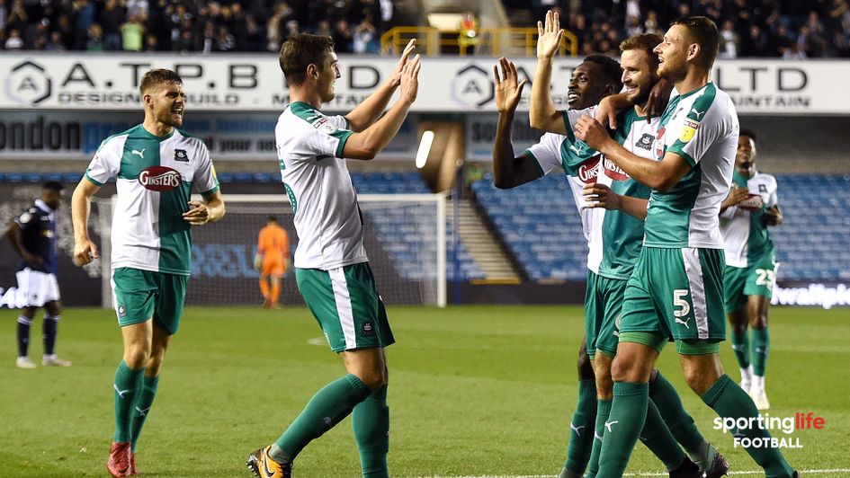 Plymouth celebrate after scoring against Millwall