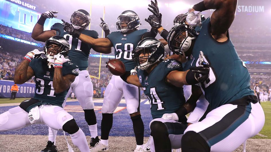 The Philadelphia Eagles celebrate in the end zone