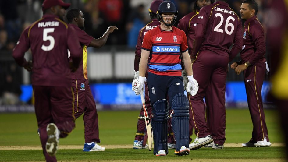 Windies celebrate Eoin Morgan's dismissal