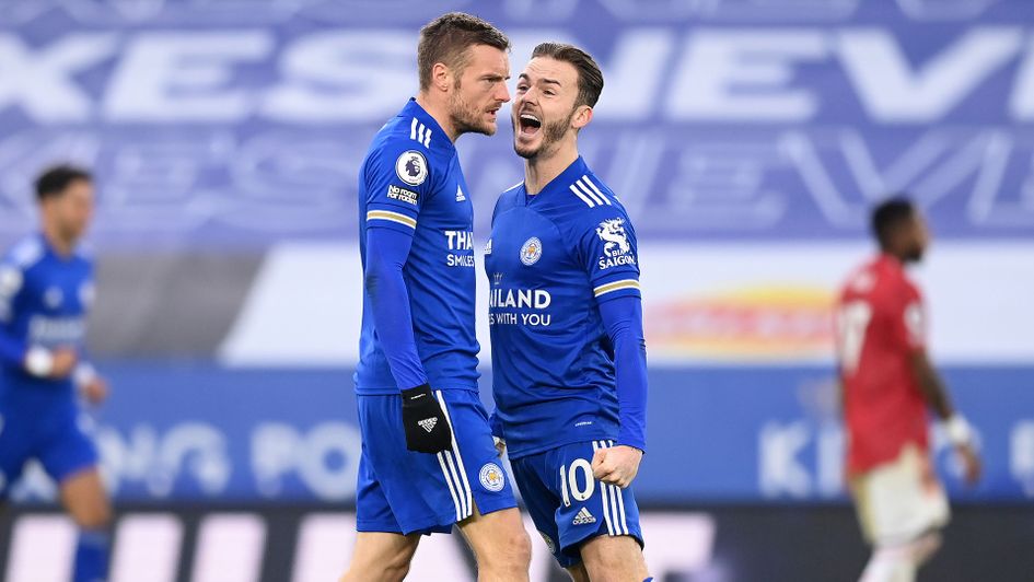 Leicester City's Jamie Vardy celebrates his late equaliser against Manchester United