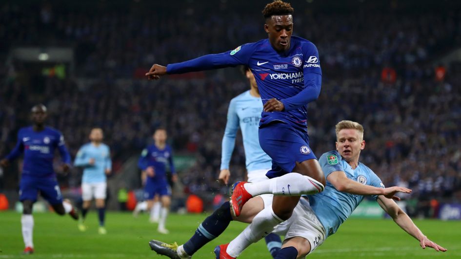 Chelsea's Callum Hudson-Odoi in action v Man City's Oleksandr Zinchenko at the 2018/19 Carabao Cup final