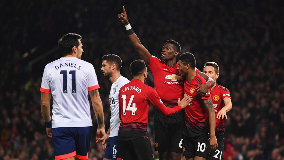 Paul Pogba celebrates his goal for Manchester United against Bournemouth