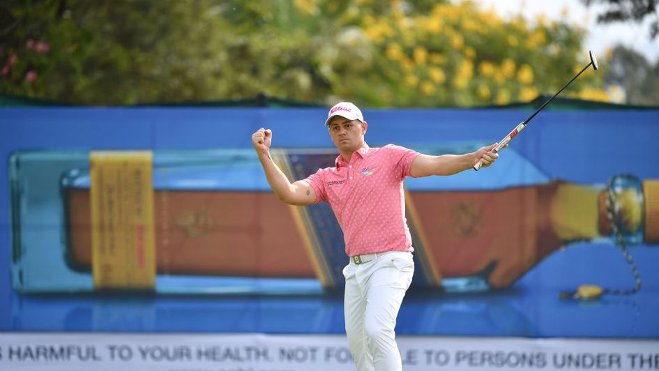 Daniel Van Tonder celebrates after holing a lengthy birdie putt in Kenya