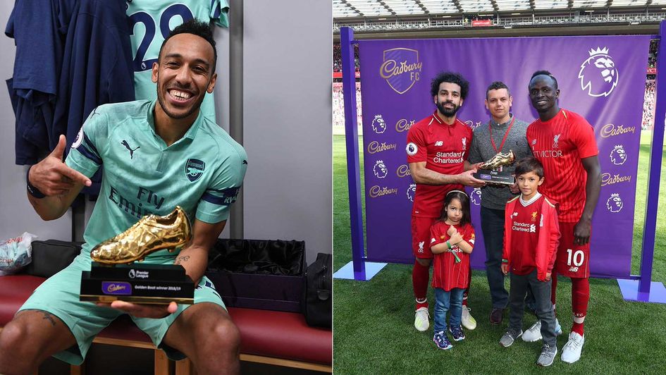 Left to right: Pierre-Emerick Aubameyang, Mo Salah and Sadio Mane receive their Golden Boot award