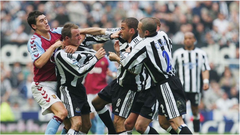 Lee Bowyer fights with team-mate Kieron Dyer at Newcastle