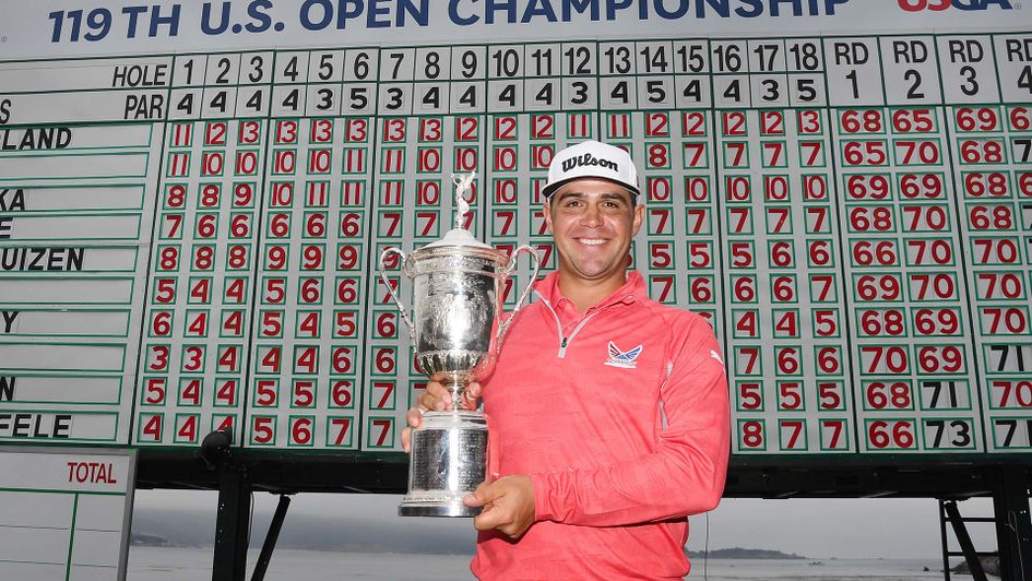 Gary Woodland celebrates winning the US Open at Pebble Beach