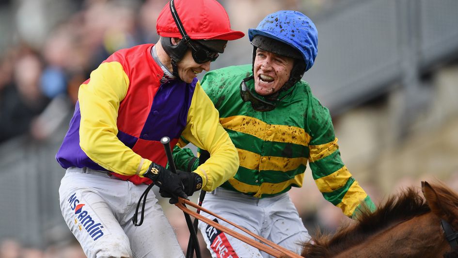 Anibale Fly's jockey Barry Geraghty congratulates Richard Johnson on Native River