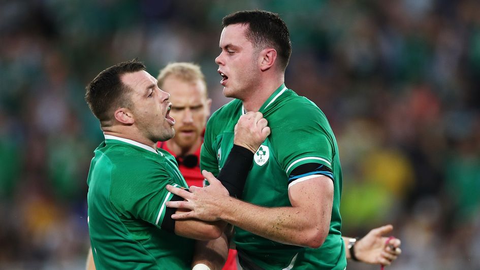 Ireland celebrate their opening try against Scotland