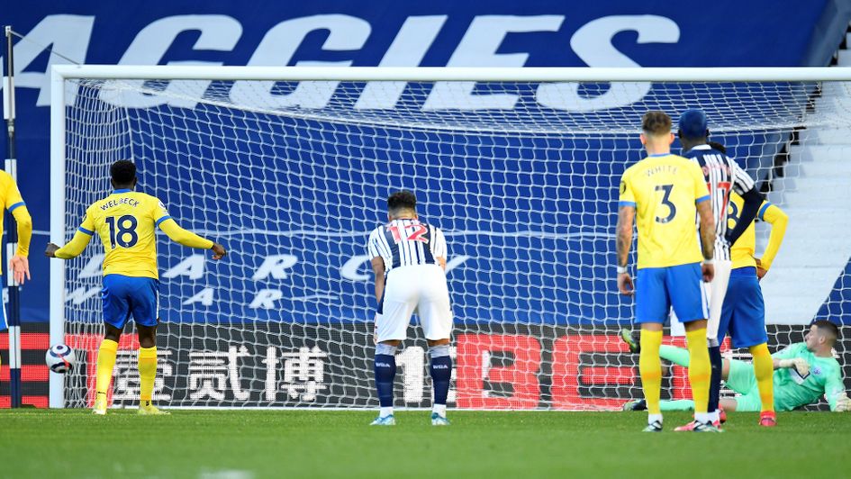 Danny Welbeck misses Brighton's second penalty against West Brom
