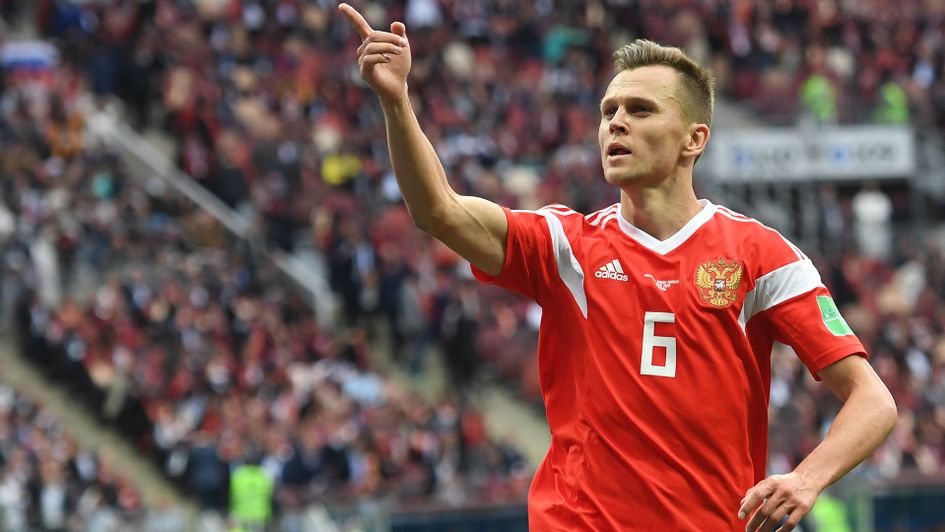 Denis Cheryshev: The Russia winger celebrates after scoring his second goal of the game v Saudi Arabia in the World Cup