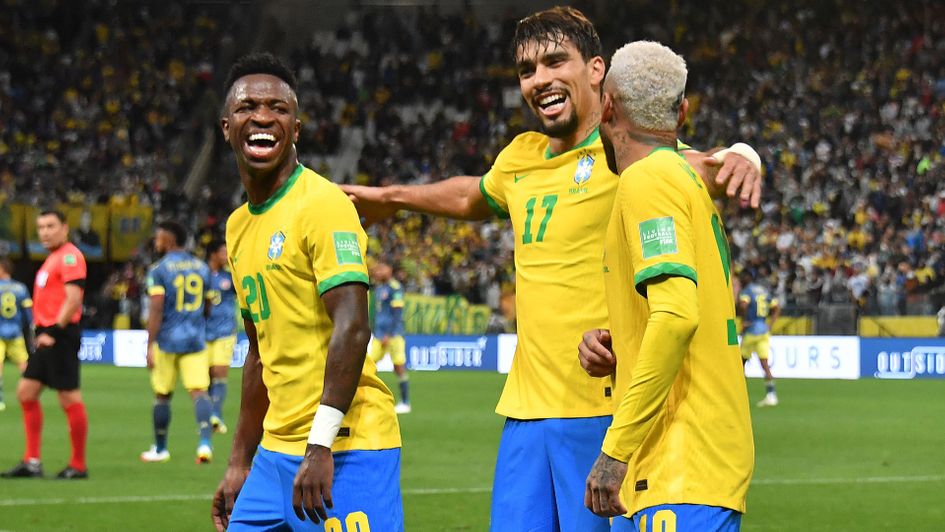 Brazil celebrate a goal against against Colombia