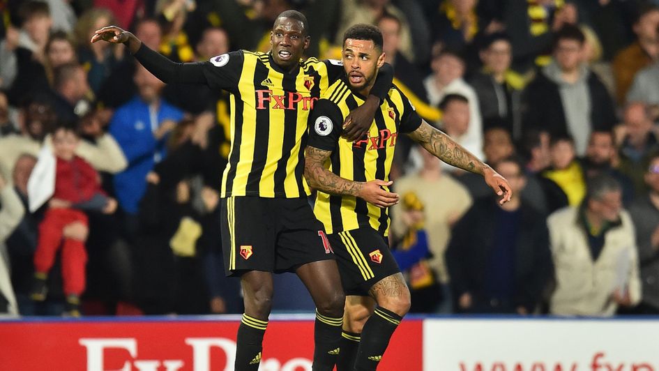 Andre Gray (right): Watford striker celebrates after scoring late on v Southampton