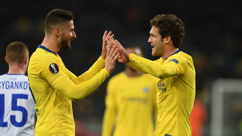 Olivier Giroud and Marcos Alonso celebrate for Chelsea