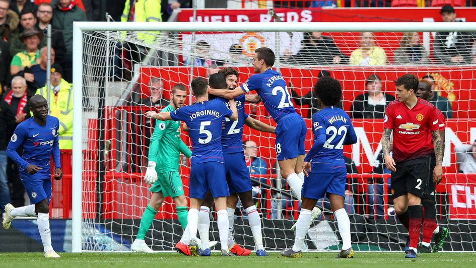 Chelsea celebrate after Marcos Alonso capitalises on David De Gea's blunder