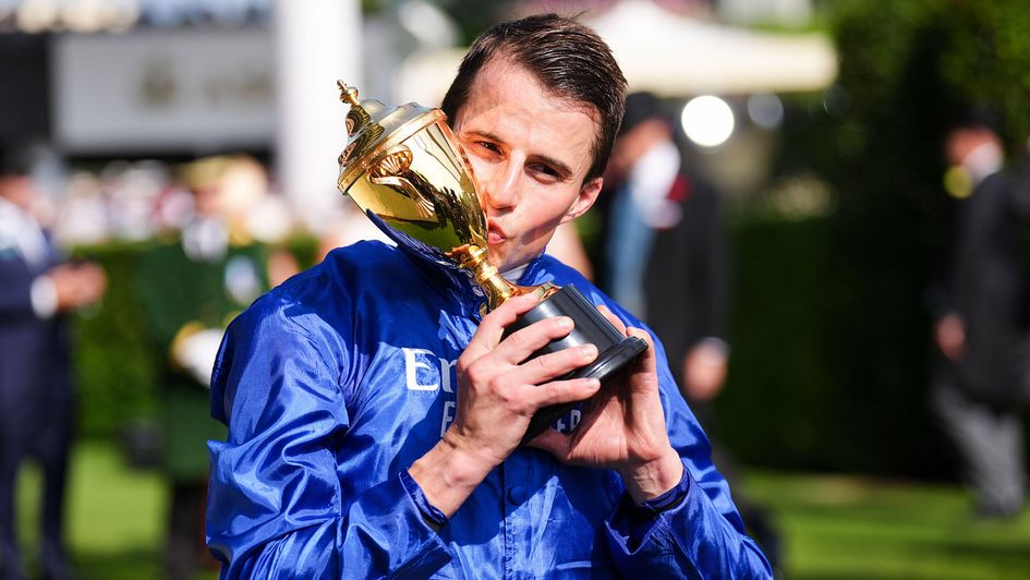 Trawlerman's jockey William Buick celebrates his first Gold Cup success